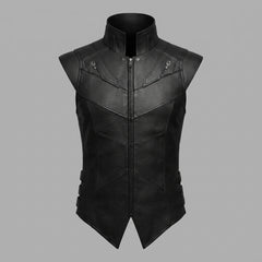 Male model wearing a black leather moto vest with stand collar, zip-up closure, and fitted biker silhouette.