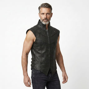 Men’s black leather sleeveless vest with high collar, front zipper, and angled panel stitching.