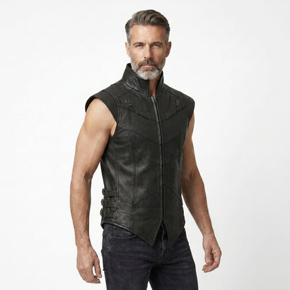 Men’s black leather sleeveless vest with high collar, front zipper, and angled panel stitching.
