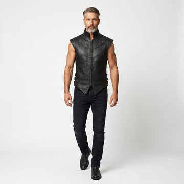 Men’s black leather sleeveless vest with high collar, front zipper, and angled panel stitching.