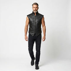 Sleek black leather motorcycle vest with stand-up collar, panelled construction, and modern masculine design.