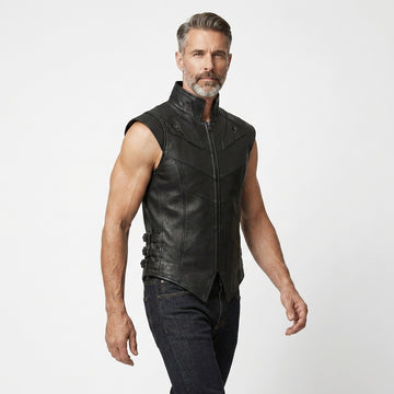 Men’s black leather sleeveless vest with high collar, front zipper, and angled panel stitching.