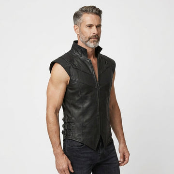 Men’s black leather sleeveless vest with high collar, front zipper, and angled panel stitching.