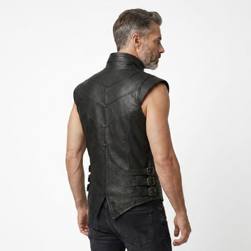 Men’s black leather sleeveless vest with high collar, front zipper, and angled panel stitching.