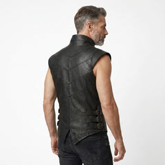 Modern men’s leather gilet in black with zip closure, structured fit, and biker-inspired panel design.