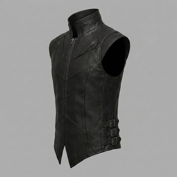Men’s black leather sleeveless vest with high collar, front zipper, and angled panel stitching.