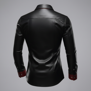 Men’s black leather shirt jacket with red lining, snap button front, and classic pointed collar.