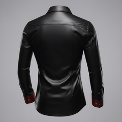 Sleek men’s leather shirt in black featuring long sleeves, snap closures, red accents, and a polished finish.