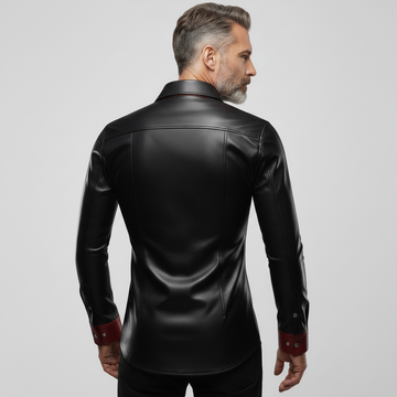 Men’s black leather shirt jacket with red lining, snap button front, and classic pointed collar.