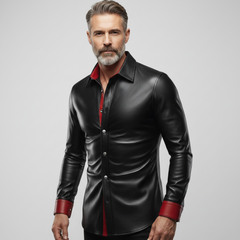 Stylish black leather shirt for men featuring a pointed collar, press-stud closure, and red inner panel.