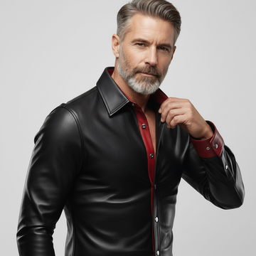 Men’s black leather shirt jacket with red lining, snap button front, and classic pointed collar.