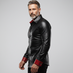 Modern black leather button-up overshirt with red accents, snap fasteners, and sleek masculine design.