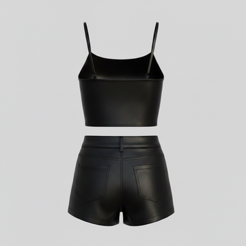 Women’s black leather shorts set with matching crop top, spaghetti straps, and sleek fitted silhouette.