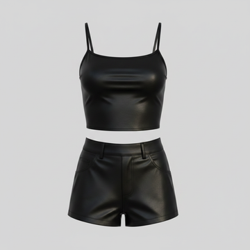 Women’s black leather shorts set with matching crop top, spaghetti straps, and sleek fitted silhouette.