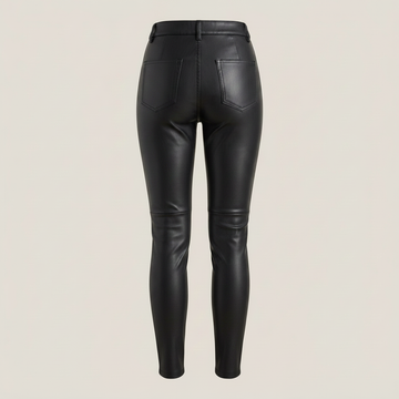 Women’s black leather pants with high waist, slim fit, and sleek ankle-length silhouette.