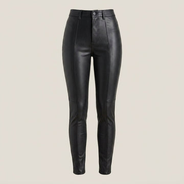 Women’s black leather pants with high waist, slim fit, and sleek ankle-length silhouette.