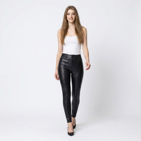 Women’s black leather pants with high waist, slim fit, and sleek ankle-length silhouette.