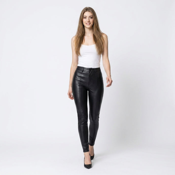 Women’s black leather pants with high waist, slim fit, and sleek ankle-length silhouette.