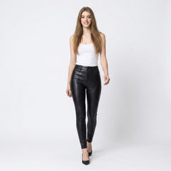 Women’s black leather pants with high waist, slim fit, and sleek ankle-length silhouette.