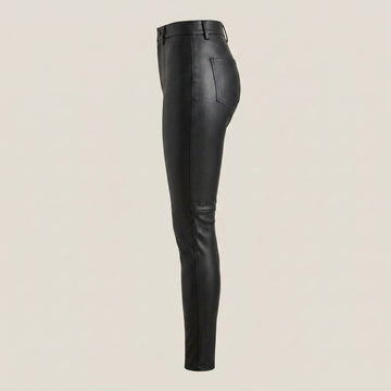 Women’s black leather pants with high waist, slim fit, and sleek ankle-length silhouette.