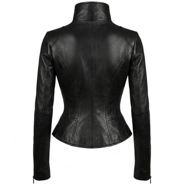 Women’s black leather fitted jacket with stand collar, front zipper, and sculpted waist silhouette.