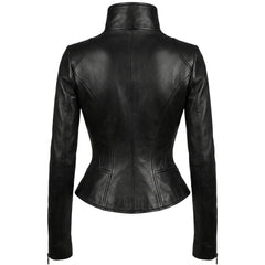 Elegant women’s black leather jacket featuring princess seams, slim sleeves, and a structured fitted design.