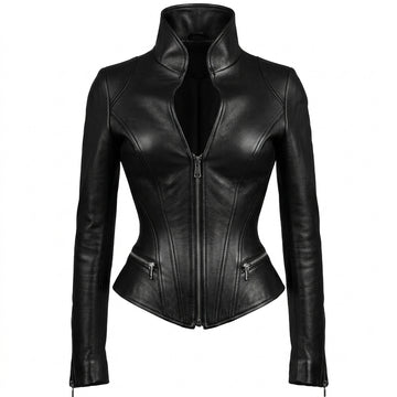 Women’s black leather fitted jacket with stand collar, front zipper, and sculpted waist silhouette.