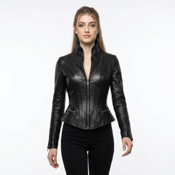Women’s black leather fitted jacket with stand collar, front zipper, and sculpted waist silhouette.