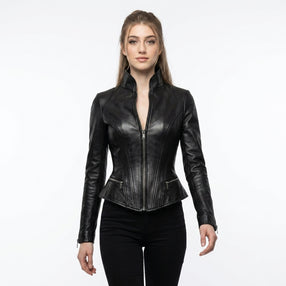Women’s black leather fitted jacket with stand collar, front zipper, and sculpted waist silhouette.