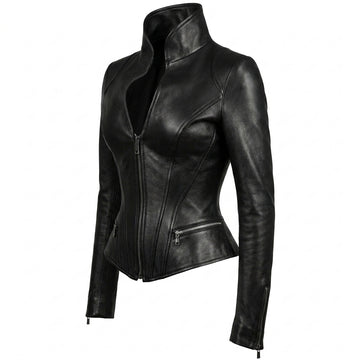 Women’s black leather fitted jacket with stand collar, front zipper, and sculpted waist silhouette.