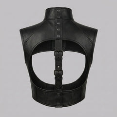 Gothic black leather crop vest for women featuring a wide chest cutout, sleeveless shoulders, and fitted waist band.