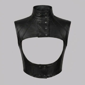 Women’s black leather cropped harness vest with high snap collar, open chest cutout, and structured gothic design.
