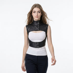Women’s black leather cropped harness vest with high snap collar, open chest cutout, and structured gothic design.