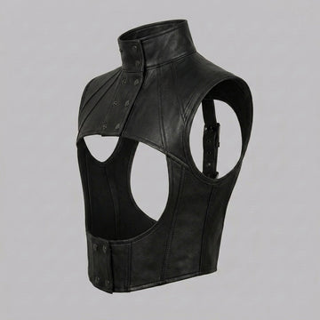 Women’s black leather cropped harness vest with high snap collar, open chest cutout, and structured gothic design.