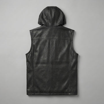 Men’s black leather sleeveless hoodie vest with front zipper, drawstring hood, and casual biker style.