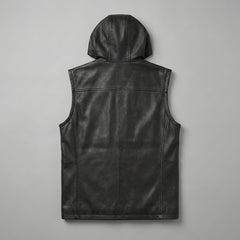 Black leather motorcycle vest for men featuring an attached hood, center zipper, and relaxed modern fit.