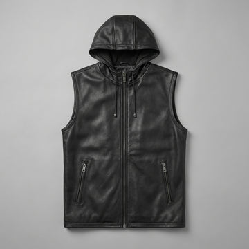 Men’s black leather sleeveless hoodie vest with front zipper, drawstring hood, and casual biker style.
