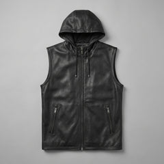 Male model wearing a black leather hooded vest with zip-up closure, sleeveless cut, and side pockets.