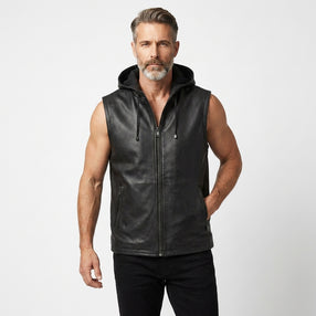 Men’s black leather sleeveless hoodie vest with front zipper, drawstring hood, and casual biker style.