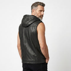 Casual men’s black leather hoodie vest featuring a sleeveless design, adjustable hood cords, and sleek finish.
