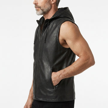 Men’s black leather sleeveless hoodie vest with front zipper, drawstring hood, and casual biker style.