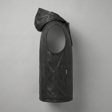 Men’s black leather sleeveless hoodie vest with front zipper, drawstring hood, and casual biker style.