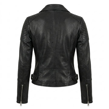 Women’s black leather biker jacket with asymmetrical zipper, lapel collar, and belted waist detail.