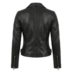 Classic women’s black leather motorcycle jacket featuring angled zip closure, waist belt accents, and cropped fit.