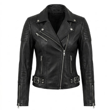 Women’s black leather biker jacket with asymmetrical zipper, lapel collar, and belted waist detail.