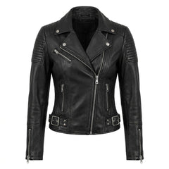 Female model wearing a fitted black leather moto jacket with quilted sleeves, silver zippers, and snap lapels.