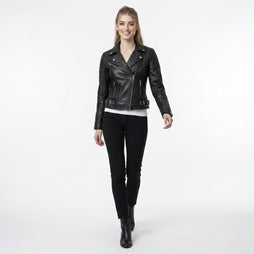 Women’s black leather biker jacket with asymmetrical zipper, lapel collar, and belted waist detail.