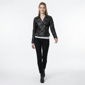 Women’s black leather biker jacket with asymmetrical zipper, lapel collar, and belted waist detail.