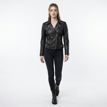 Women’s black leather biker jacket with asymmetrical zipper, lapel collar, and belted waist detail.