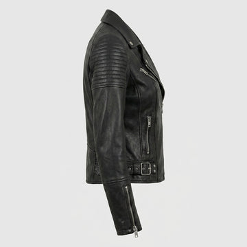 Women’s black leather biker jacket with asymmetrical zipper, lapel collar, and belted waist detail.